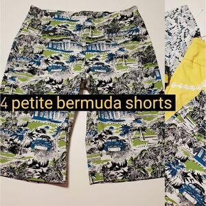 NEW 4P 4 PETITE TRAVEL STRETCH GREEN BLUE TROPICAL HAWAIIAN BERMUDA SHORTS